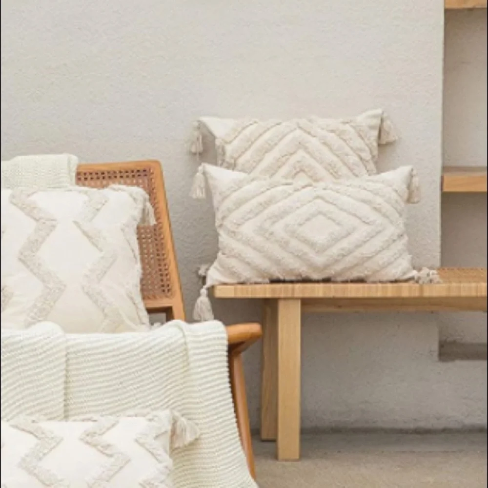 Luxury Home | Ivory Boho Moroccan Tufted Tassel Corner Lumbar Throw Pillow Cover